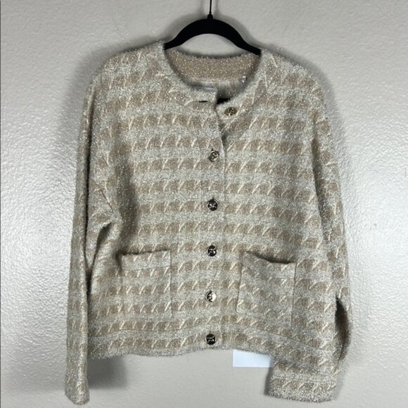 Sandro Maria Houndstooth Cardigan Gold Metallic Beige - Picture 5 of 9